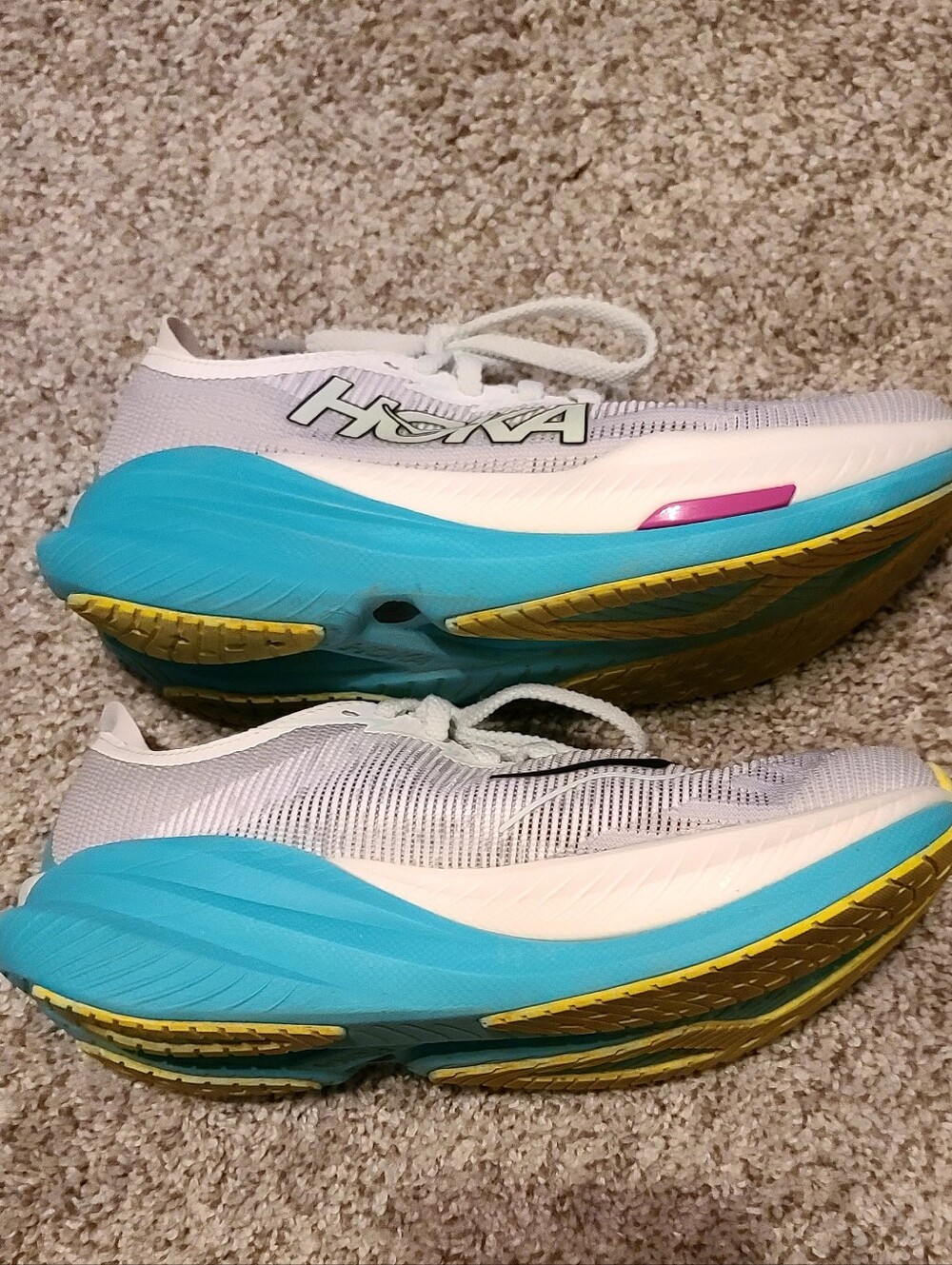 Women's 7B, Hoka Mach X2 White Teal Athletic Running Shoes with Orange - Picture 7 of 10